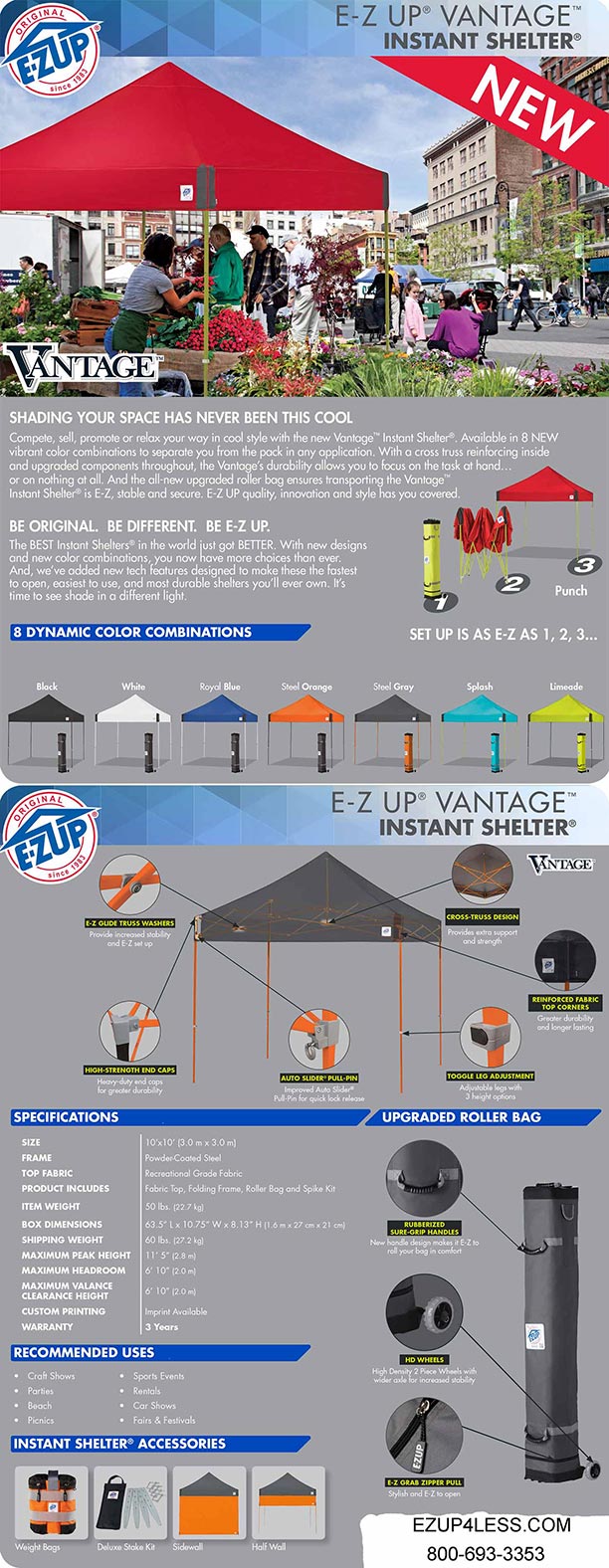 EZ UP Vantage 10' x 10' Shelter with Roller Bag